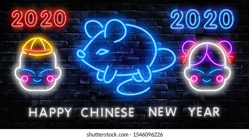 Chinese New Year 2020 Neon Sign Vector. Year of Rat Design Template. Chinese zodiac symbol of 2020 Vector Design. Hieroglyph means Rat.