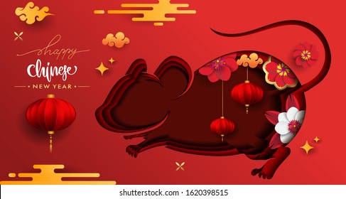 Chinese New Year 2020 Paper Art Style with Rat zodiac sign. Red and gold festive background with Rat Zodiac sign for greetings card, flyers, invitation, posters, brochure, banners, calendar.