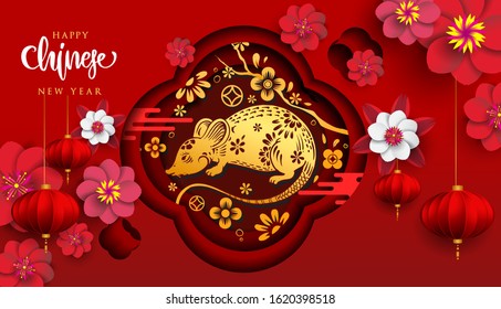 Chinese New Year 2020 Paper Art Style with Rat zodiac sign. Red and gold festive background with Rat Zodiac sign for greetings card, flyers, invitation, posters, brochure, banners, calendar.