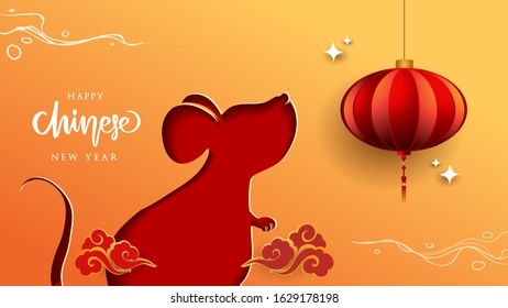 Chinese New Year 2020 Paper Art Style with Rat zodiac sign. Red and gold festive background with Rat Zodiac sign for greetings card, flyers, invitation, posters, brochure, banners, calendar.