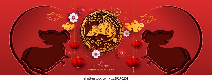 Chinese New Year 2020 Paper Art Style with Rat zodiac sign. Red and gold festive background with Rat Zodiac sign for greetings card, flyers, invitation, posters, brochure, banners, calendar.