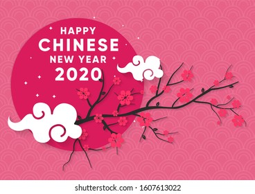 Chinese New Year 2020 in pink background for Greeting Card, Poster, banner and Invitation card. Vector Background