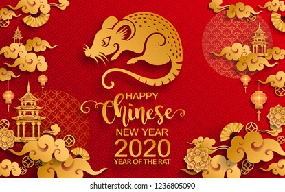 Chinese new year 2020 year of the rat , red and gold paper cut rat character, flower and asian elements with craft style on background. (Chinese translation : Happy chinese new year 2020, year of rat)