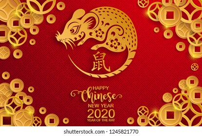 Chinese new year 2020 year of the rat , red and gold paper cut rat character, flower and asian elements with craft style on background. (Chinese translation : Happy chinese new year 2020, year of rat)