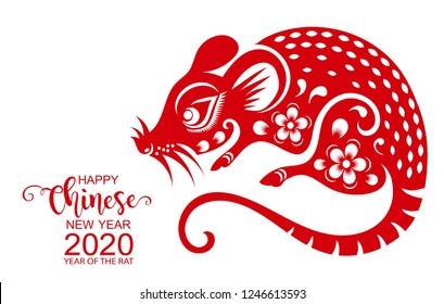 Chinese new year 2020 year of the rat , red paper cut rat character, flower and asian elements with craft style on white background. ( Chinese translation : Happy chinese new year 2020, year of rat )