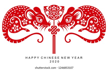 Chinese new year 2020 year of the rat , red paper cut rat character, flower and asian elements with craft style on white background. ( Chinese translation : Happy chinese new year 2020, year of rat )