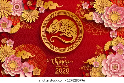 Chinese new year 2020 year of the rat , red and gold paper cut rat character, flower and asian elements with craft style on background. (Chinese translation : Happy chinese new year 2020, year of rat)
