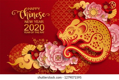 Chinese new year 2020 year of the rat , red and gold paper cut rat character, flower and asian elements with craft style on background. (Chinese translation : Happy chinese new year 2020, year of rat)