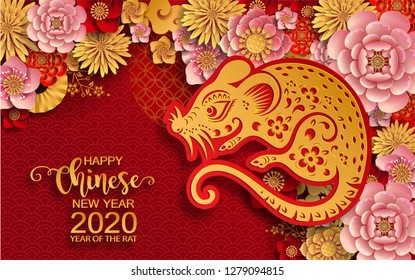 Chinese new year 2020 year of the rat , red and gold paper cut rat character, flower and asian elements with craft style on background. (Chinese translation : Happy chinese new year 2020, year of rat)