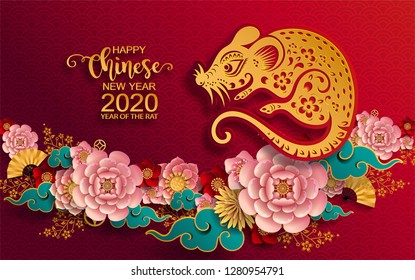 Chinese new year 2020 year of the rat , red and gold paper cut rat character, flower and asian elements with craft style on background. (Chinese translation : Happy chinese new year 2020, year of rat)