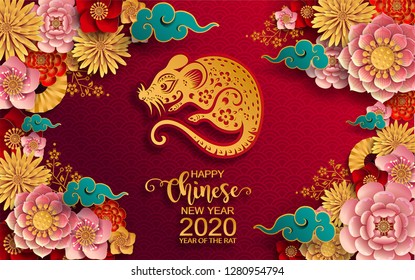 Chinese new year 2020 year of the rat , red and gold paper cut rat character, flower and asian elements with craft style on background. (Chinese translation : Happy chinese new year 2020, year of rat)