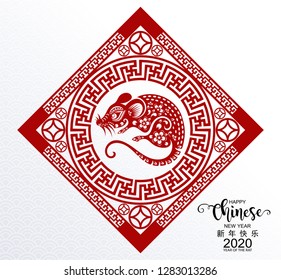 Chinese new year 2020 year of the rat , red paper cut rat character, flower and asian elements with craft style on white background. ( Chinese translation : Happy chinese new year 2020, year of rat )