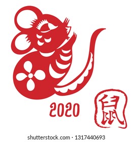 Chinese new year 2020 year of the rat, red and gold line rat character, simple hand drawn asian elements with craft style on background. (Chinese translation:  rat)
