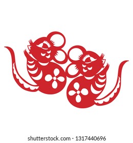 Chinese new year 2020 year of the rat, red and gold line rat character, simple hand drawn asian elements with craft style on background.