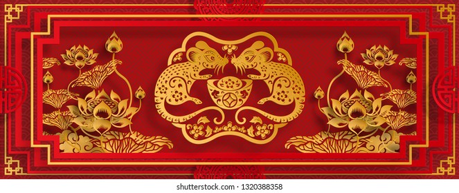 Chinese new year 2020 year of the rat , red and gold paper cut rat character, flower and asian elements with craft style on background. (Chinese translation : Happy chinese new year 2020, year of rat)