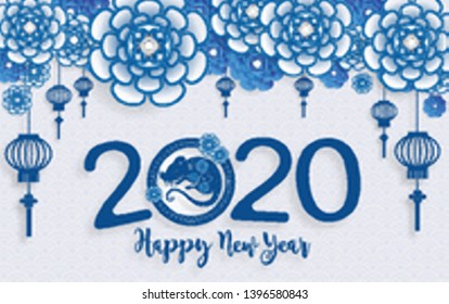 Chinese new year 2020 year of the rat , ceramic porcelain paper cut rat character, flower and asian elements with craft style on background. ( translation : Happy chinese new year 2020, year of rat)