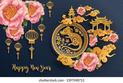 Chinese new year 2020 year of the rat , red and gold paper cut rat character, flower and asian elements with craft style on background. (Chinese translation : Happy chinese new year 2020, year of rat)