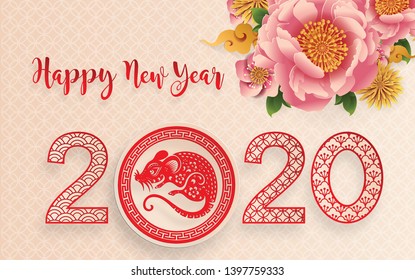 Chinese new year 2020 year of the rat , red and gold paper cut rat character, flower and asian elements with craft style on background. (Chinese translation : Happy chinese new year 2020, year of rat)