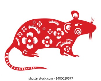 Chinese new year 2020 year of the rat, red and gold line rat character, simple hand drawn asian elements with craft style on background. 
