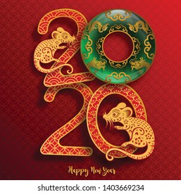 Chinese new year 2020 year of the rat , red and gold paper cut rat character, flower and asian elements with craft style on background. (Chinese translation : Happy chinese new year 2020, year of rat)