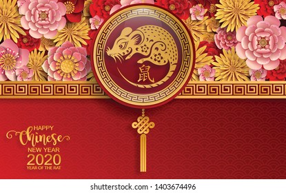 Chinese new year 2020 year of the rat , red and gold paper cut rat character, flower and asian elements with craft style on background. (Chinese translation : Happy chinese new year 2020, year of rat)