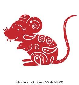 Chinese new year 2020 year of the rat, red and gold line rat character, simple hand drawn asian elements with craft style on background.