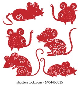 Chinese new year 2020 year of the rat, red and gold line rat character, simple hand drawn asian elements with craft style on background. (Chinese translation: Happy chinese new year 2020, year of rat)