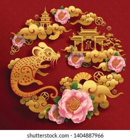 Chinese new year 2020 year of the rat , red and gold paper cut rat character, flower and asian elements with craft style on background. (Chinese translation : Happy chinese new year 2020, year of rat)