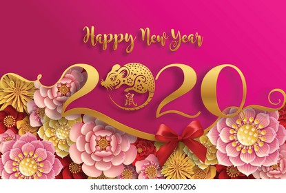 Chinese new year 2020 year of the rat , red and gold paper cut rat character, flower and asian elements with craft style on background. (Chinese translation : Happy chinese new year 2020, year of rat)
