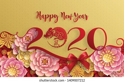 Chinese new year 2020 year of the rat , red and gold paper cut rat character, flower and asian elements with craft style on background. (Chinese translation : Happy chinese new year 2020, year of rat)