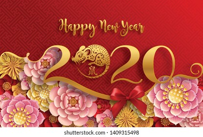 Chinese new year 2020 year of the rat , red and gold paper cut rat character, flower and asian elements with craft style on background. (Chinese translation : Happy chinese new year 2020, year of rat)