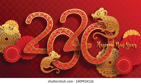 Chinese new year 2020 year of the rat , red and gold paper cut rat character, flower and asian elements with craft style on background. (Chinese translation : Happy chinese new year 2020, year of rat)