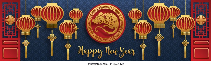 Chinese new year 2020 year of the rat , red and gold paper cut rat character, flower and asian elements with craft style on background. (Chinese translation : Happy chinese new year 2020, year of rat)