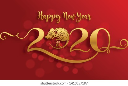 Chinese new year 2020 year of the rat , red and gold paper cut rat character, flower and asian elements with craft style on background. (Chinese translation : Happy chinese new year 2020, year of rat)