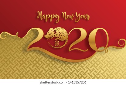 Chinese new year 2020 year of the rat , red and gold paper cut rat character, flower and asian elements with craft style on background. (Chinese translation : Happy chinese new year 2020, year of rat)