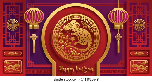 Chinese new year 2020 year of the rat , red and gold paper cut rat character, flower and asian elements with craft style on background. (Chinese translation : Happy chinese new year 2020, year of rat)