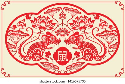 Chinese new year 2020 year of the rat , red and yellow paper rat character, flower and asian elements with craft style on background. ( Chinese translation : Happy chinese new year 2020, year of rat )