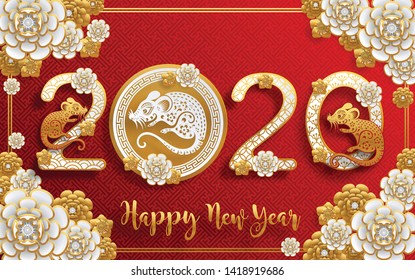 Chinese new year 2020 year of the rat , red and gold paper cut rat character, flower and asian elements with craft style on background. (Chinese translation : Happy chinese new year 2020, year of rat)