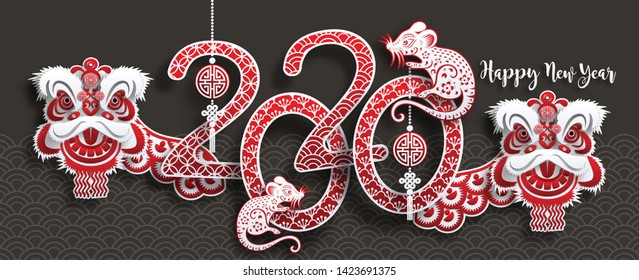 Chinese new year 2020 year of the rat , red and gold paper cut rat character, flower and asian elements with craft style on background. (Chinese translation : Happy chinese new year 2020, year of rat)