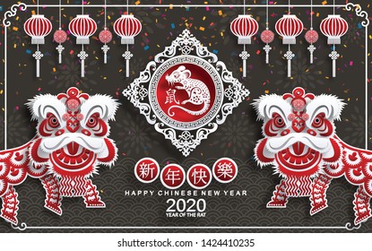 Chinese new year 2020 year of the rat , red and gold paper cut rat character, flower and asian elements with craft style on background. (Chinese translation : Happy chinese new year 2020, year of rat)