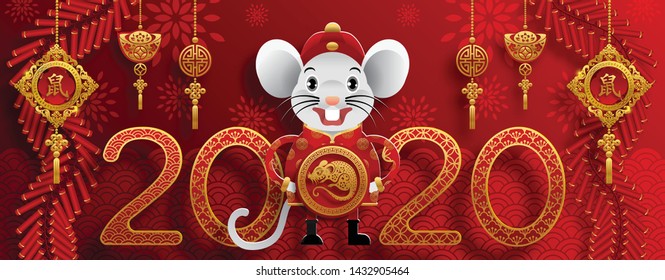 Chinese new year 2020 year of the rat , red and gold paper cut rat character, flower and asian elements with gold paper art craft style (Chinese translation : Happy chinese new year 2020, year of rat)