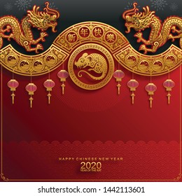 Chinese new year 2020 year of the rat , red and gold paper cut rat character,flower and asian elements with craft style on background. 
(Chinese translation : Happy chinese new year 2020, year of rat)