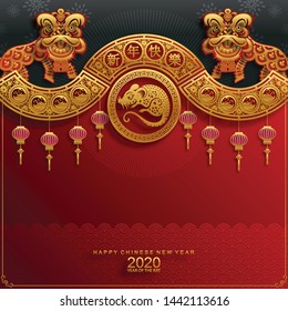 Chinese new year 2020 year of the rat , red and gold paper cut rat character,flower and asian elements with craft style on background. 
(Chinese translation : Happy chinese new year 2020, year of rat)