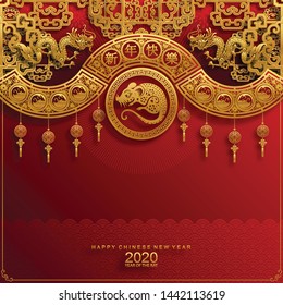 Chinese new year 2020 year of the rat , red and gold paper cut rat character,flower and asian elements with craft style on background. 
(Chinese translation : Happy chinese new year 2020, year of rat)