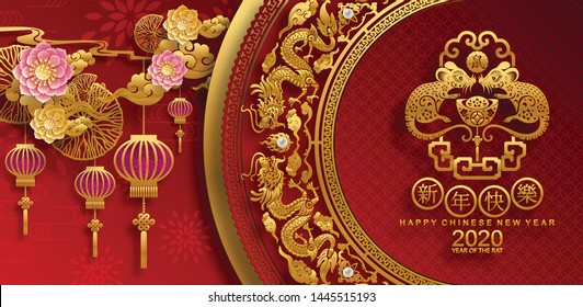 
Chinese new year 2020 year of the rat , red and gold paper cut rat character,flower and asian elements with craft style on background. 
(Chinese translation : Happy chinese new year 2020, year of rat