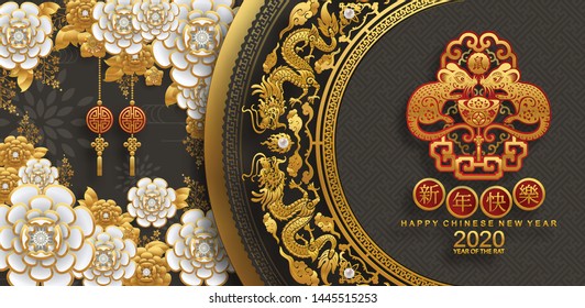 
Chinese new year 2020 year of the rat , red and gold paper cut rat character,flower and asian elements with craft style on background. 
(Chinese translation : Happy chinese new year 2020, year of rat