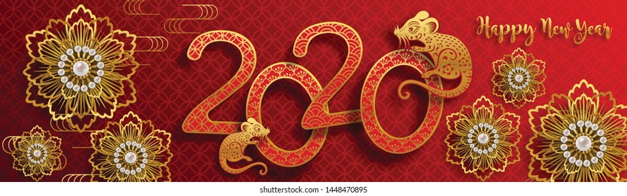 Chinese new year 2020 year of the rat , red and gold paper cut rat character,flower and asian elements with craft style on background. 
(Chinese translation : Happy chinese new year 2020, year of rat)