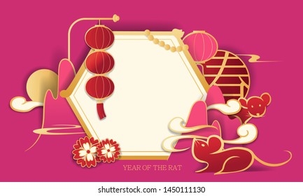 Chinese new year 2020 year of the rat. Paper cut character, Asian elements with craft-style on the background.(Chinese translation : springtime)