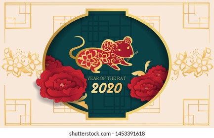 Chinese new year 2020 year of the rat. Paper cut character, Asian elements with craft-style on the background.