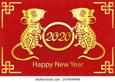 Chinese new year 2020 year of the rat , red and gold paper cut rat character, asian elements with craft style on background. (Chinese translation : Happy chinese new year 2020, year of rat)